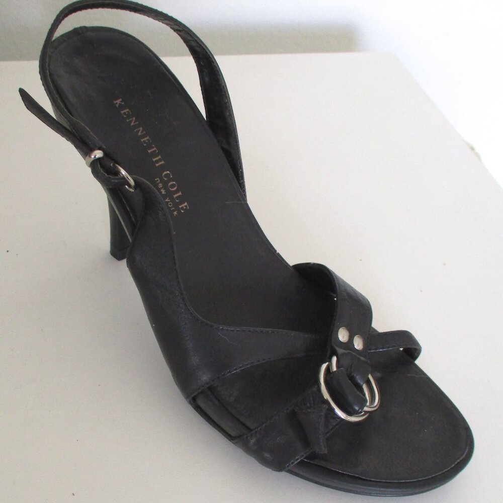 Kenneth Cole New York Womens Black Leather Slingback 3.5" Heel Sandal- Size 7.5M